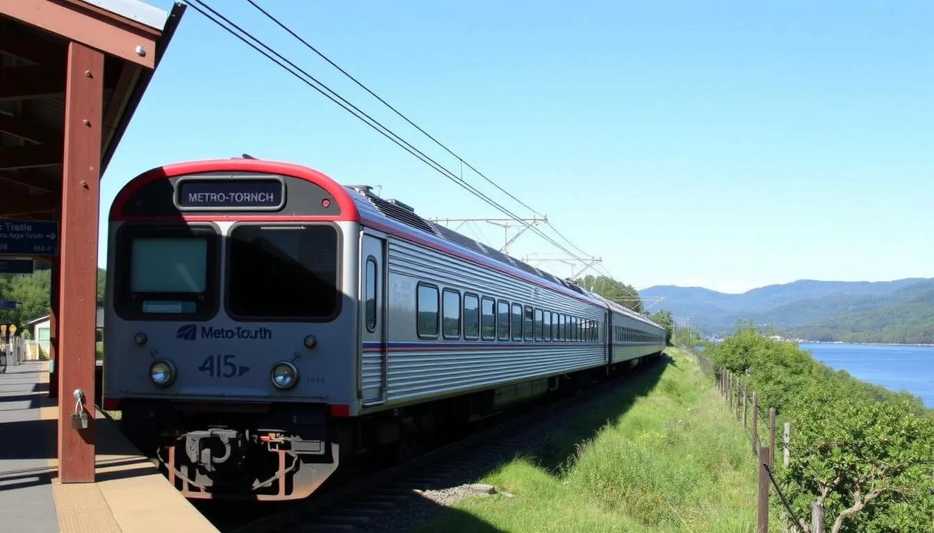 Metro-North train arriving at Cold Spring station in Putnam County, New York with Hudson River views