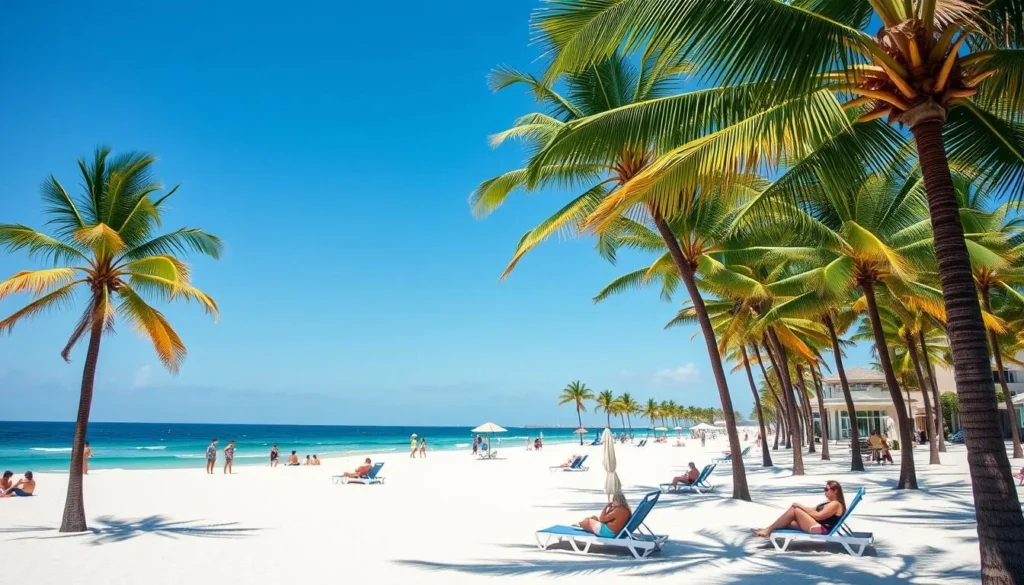 Miami Beach during winter season with perfect weather, palm trees, and relaxed beachgoers Miami Beach during winter season with perfect weather, palm trees, and relaxed beachgoers