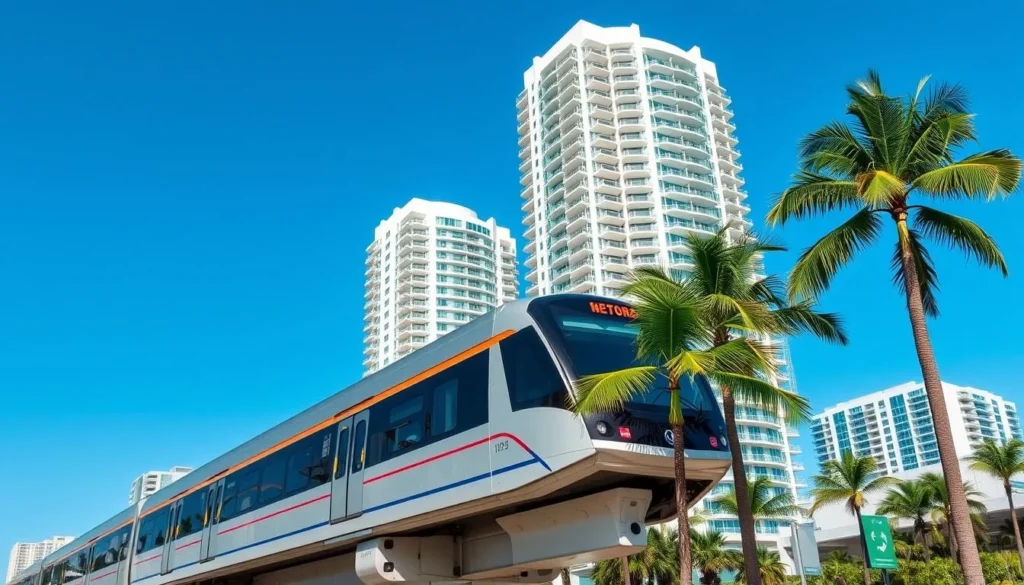 Miami-Dade Metrorail train passing through downtown Miami with palm trees and modern buildings Miami-Dade Metrorail train passing through downtown Miami with palm trees and modern buildings