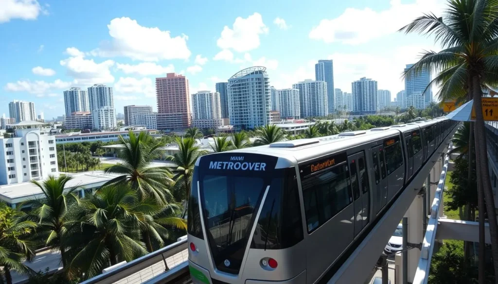 Miami Metromover with downtown skyline, showing transportation options for exploring Miami Florida best things to do Miami Metromover with downtown skyline, showing transportation options for exploring Miami Florida best things to do