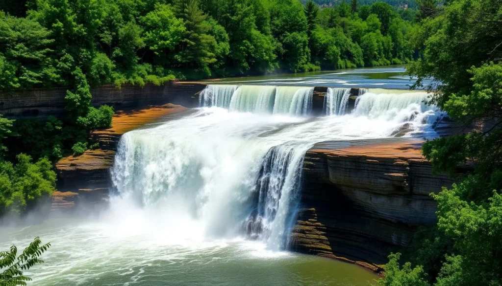 Middle Falls at Letchworth State Park in Livingston County, New York with rainbow Middle Falls at Letchworth State Park in Livingston County, New York with rainbow