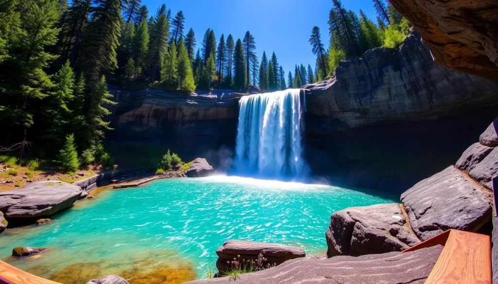 Middle McCloud Falls with turquoise water pool surrounded by forest, one of the best natural attractions in Siskiyou County California Middle McCloud Falls with turquoise water pool surrounded by forest, one of the best natural attractions in Siskiyou County California