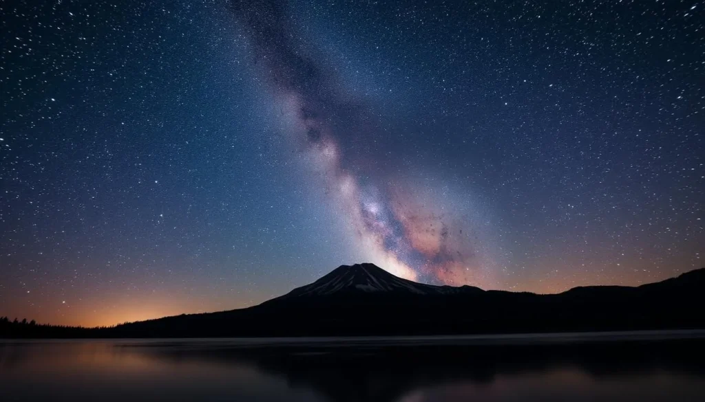 Milky Way galaxy visible over Lassen Peak at night with stars reflecting in a lake below Milky Way galaxy visible over Lassen Peak at night with stars reflecting in a lake below