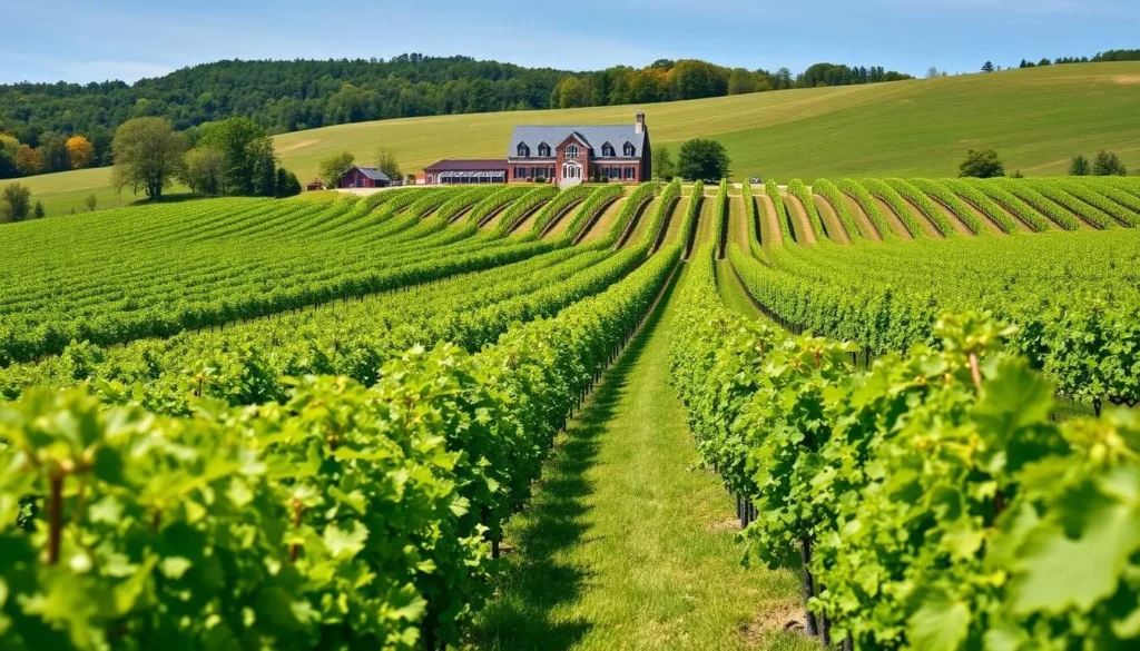 Millbrook Vineyards & Winery in Dutchess County New York with rows of grapevines and the winery building in the background Millbrook Vineyards & Winery in Dutchess County New York with rows of grapevines and the winery building in the background