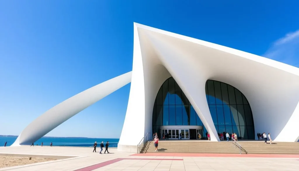 Milwaukee Art Museum with its iconic Calatrava-designed white wings fully extended on a sunny day Milwaukee Art Museum with its iconic Calatrava-designed white wings fully extended on a sunny day
