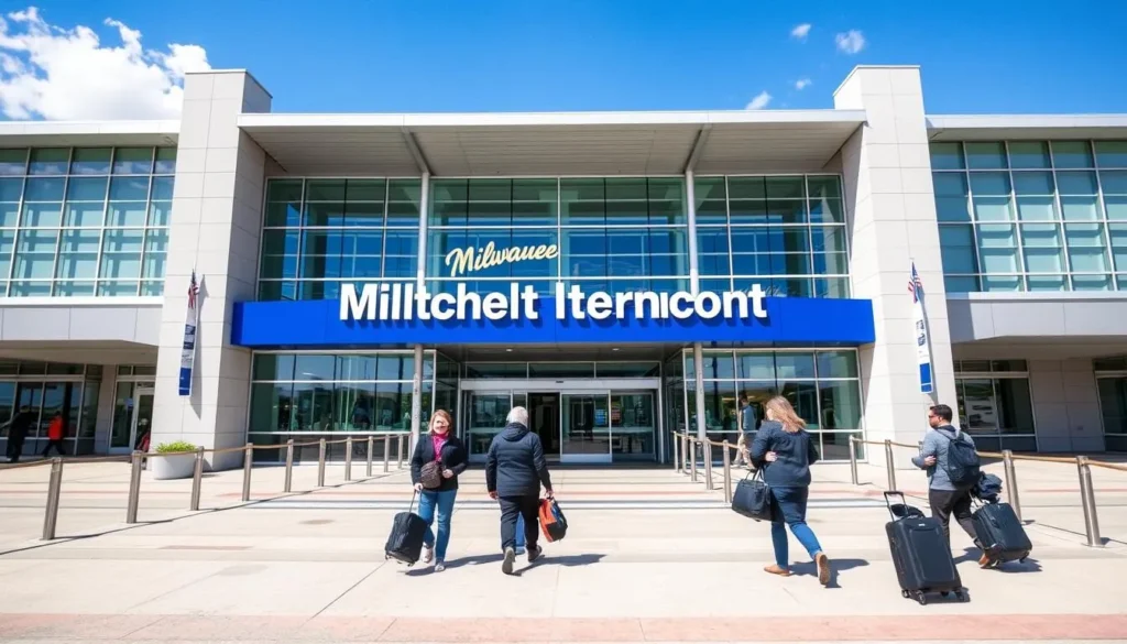 Milwaukee Mitchell International Airport entrance with welcome sign on a sunny day Milwaukee Mitchell International Airport entrance with welcome sign on a sunny day