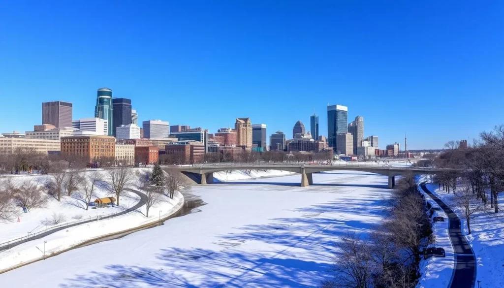 Minneapolis skyline in winter, showing seasonal considerations for visitors planning the best things to do in Minneapolis, Minnesota Minneapolis skyline in winter, showing seasonal considerations for visitors planning the best things to do in Minneapolis, Minnesota