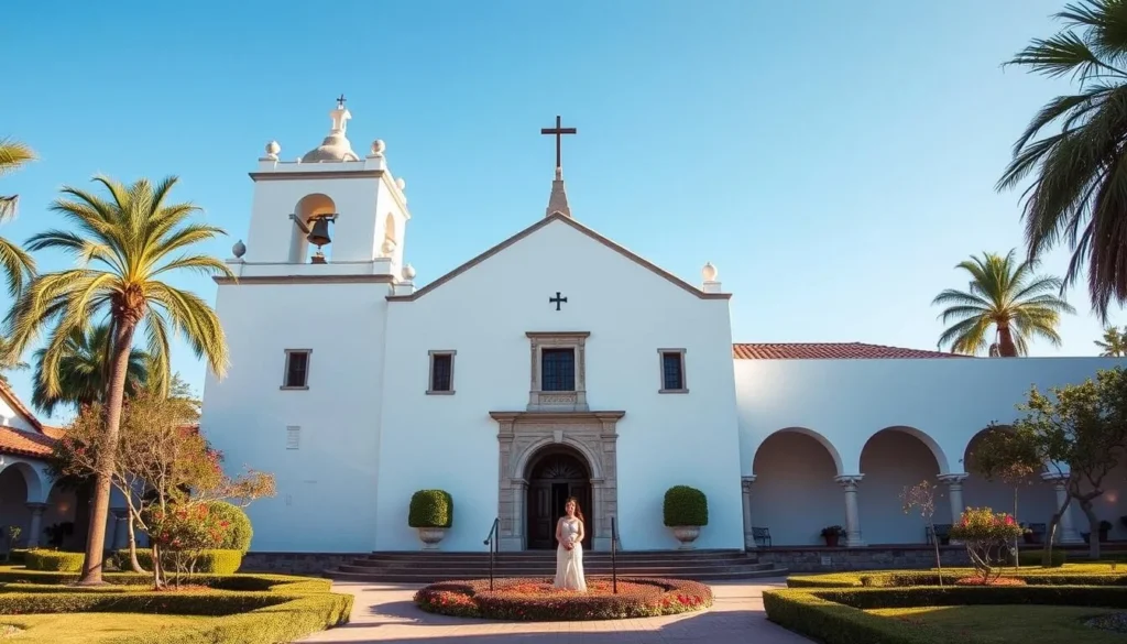 Mission San Buenaventura historic architecture with bell tower, arches, and gardens in Ventura County Mission San Buenaventura historic architecture with bell tower, arches, and gardens in Ventura County
