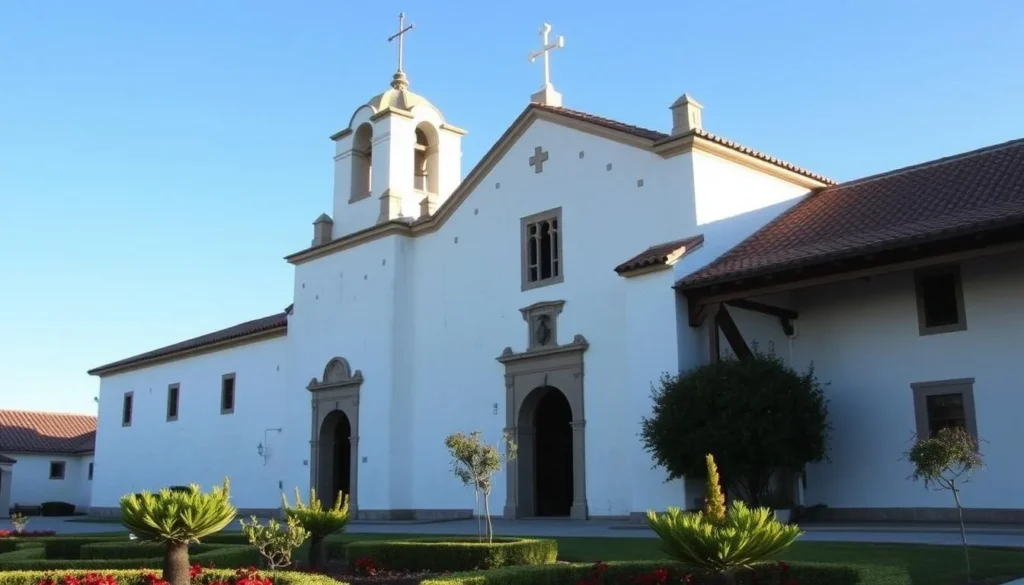 Mission San Juan Bautista with its distinctive bell tower and adobe architecture Mission San Juan Bautista with its distinctive bell tower and adobe architecture