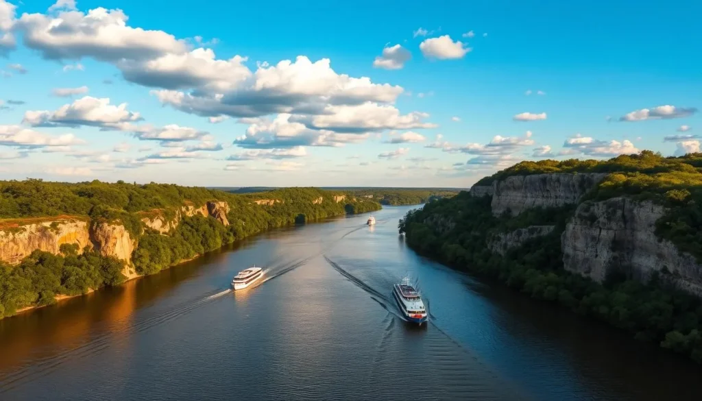 Mississippi River view from Dubuque, Iowa showing riverboats and bluffs