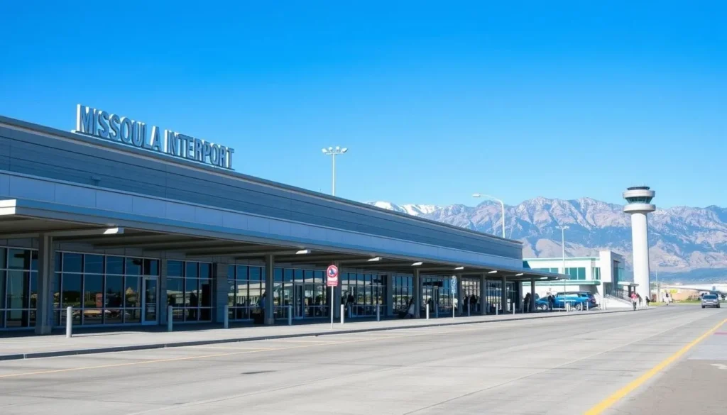 Missoula Montana International Airport terminal with mountains visible in the background Missoula Montana International Airport terminal with mountains visible in the background