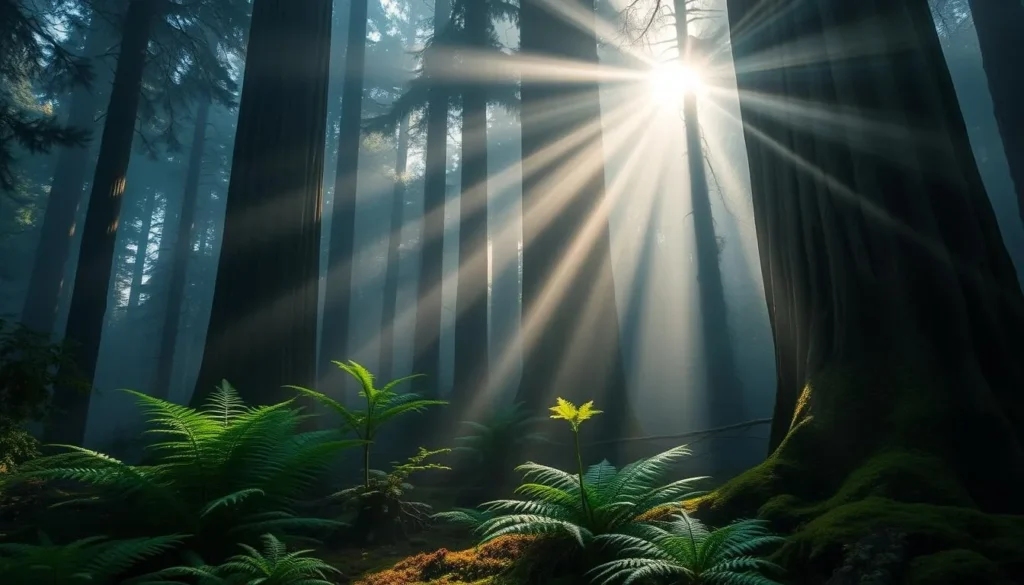 Misty morning in Jedediah Smith Redwoods State Park with sunlight filtering through ancient redwood trees Misty morning in Jedediah Smith Redwoods State Park with sunlight filtering through ancient redwood trees
