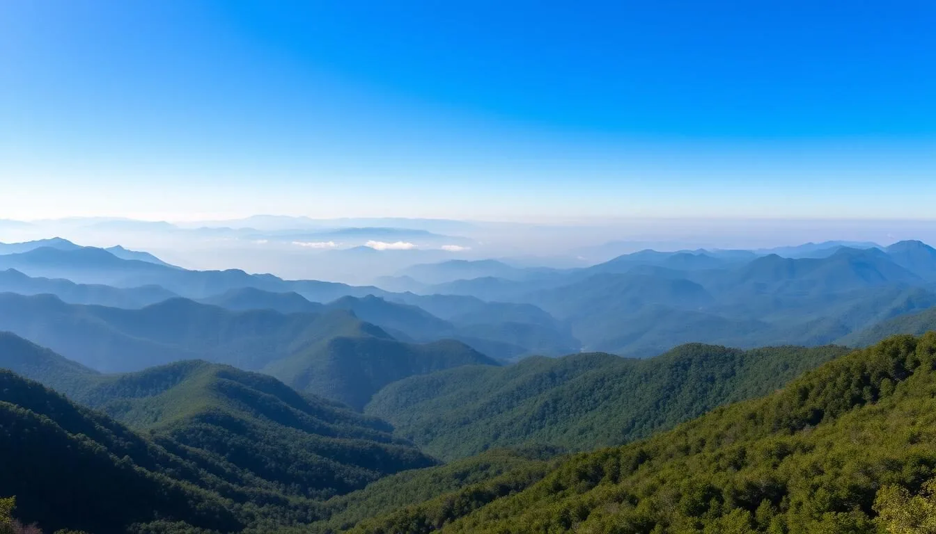 Misty morning view of Great Smoky Mountains National Park with blue haze hovering over forested peaks