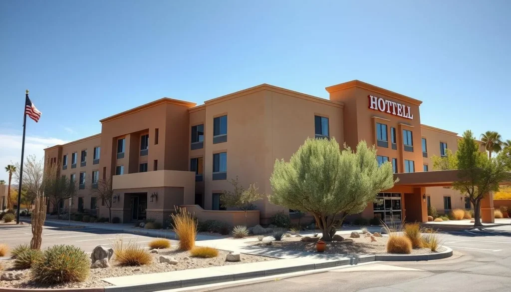 Modern hotel exterior in Roswell, New Mexico with southwestern architectural elements Modern hotel exterior in Roswell, New Mexico with southwestern architectural elements
