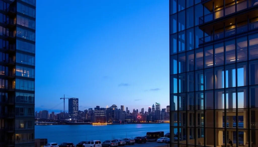 Modern hotel in Long Island City with Manhattan skyline view Modern hotel in Long Island City with Manhattan skyline view