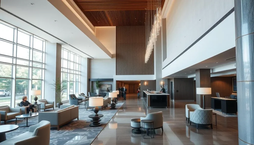 Modern hotel lobby in Sandy Springs with comfortable seating area