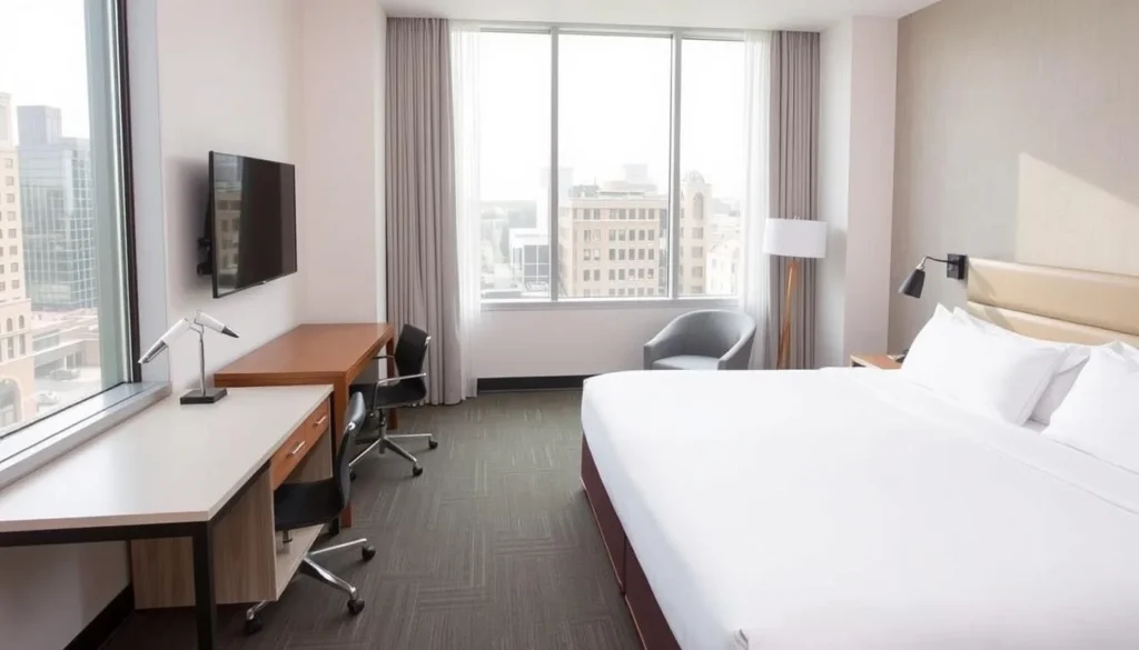 Modern hotel room in Alexandria with comfortable bed, desk area, and large windows Modern hotel room in Alexandria with comfortable bed, desk area, and large windows
