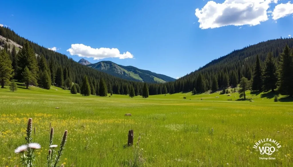 Modoc County landscape in summer with blue skies and green meadows Modoc County landscape in summer with blue skies and green meadows