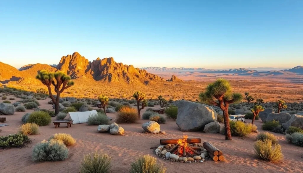 Mojave National Preserve, a vast desert landscape of rugged mountains, ancient Joshua trees, and serene campsites. In the foreground, a cozy campsite with a crackling fire, surrounded by sand-swept boulders and verdant shrubs. In the middle ground, towering peaks of the Mojave Mountains rise, their jagged silhouettes bathed in warm, golden light. The background reveals a panoramic vista of the preserve, with distant vistas of hazy, undulating hills under a clear, azure sky. A sense of tranquility and adventure permeates the scene, inviting the viewer to explore this unique desert oasis.