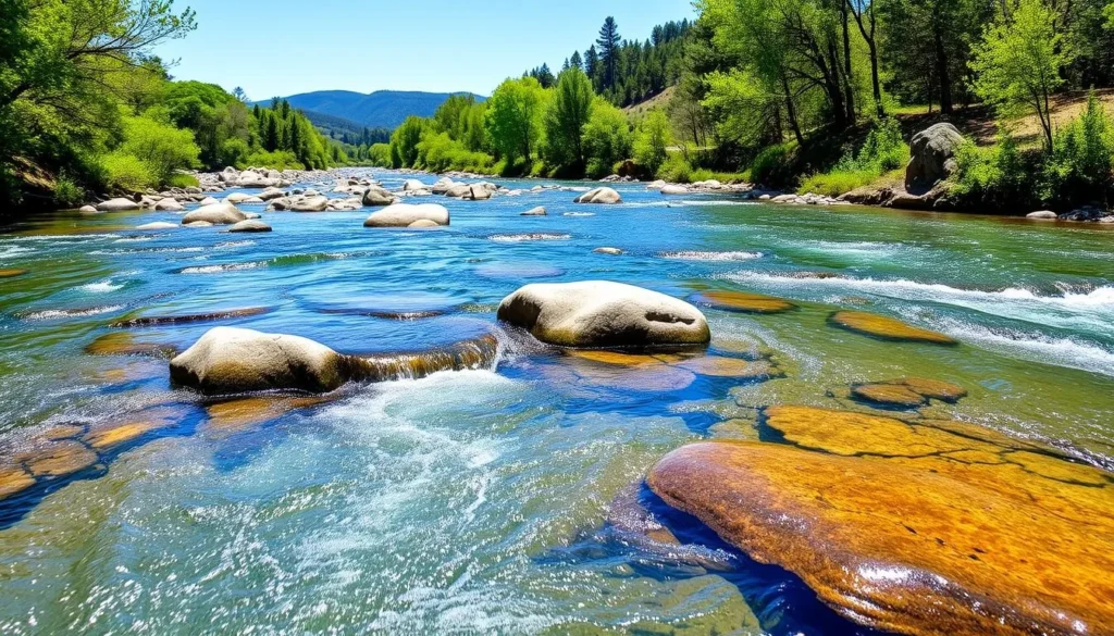 Mokelumne River in Amador County with clear water, rocky shores, and surrounding forest
