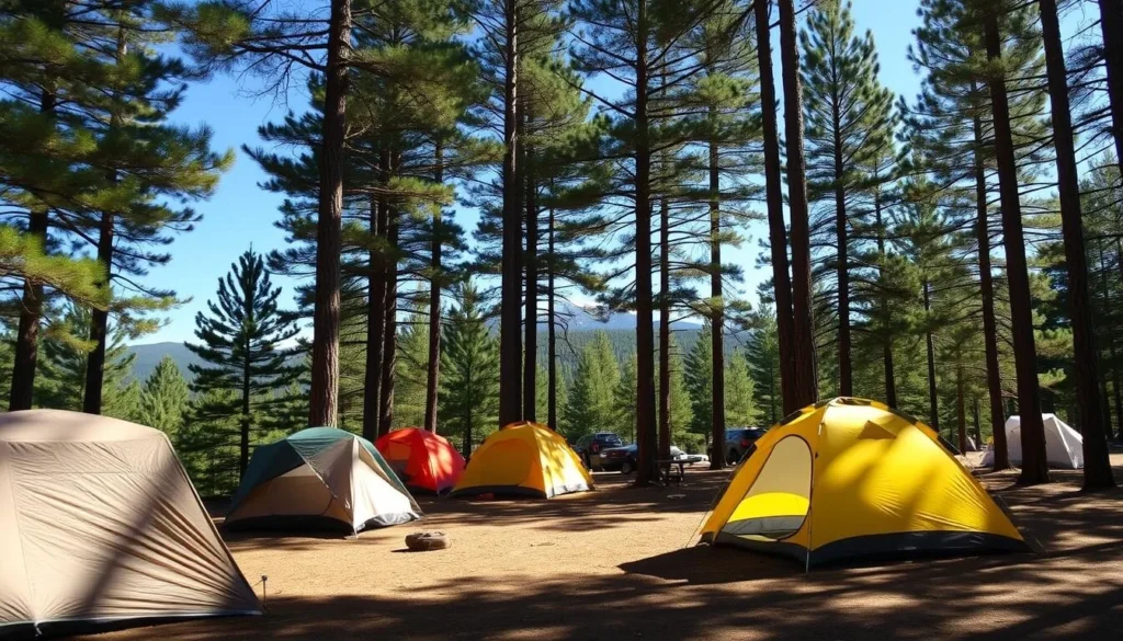 Monadnock State Park campground with tents set up among trees with Mount Monadnock visible in the background Monadnock State Park campground with tents set up among trees with Mount Monadnock visible in the background