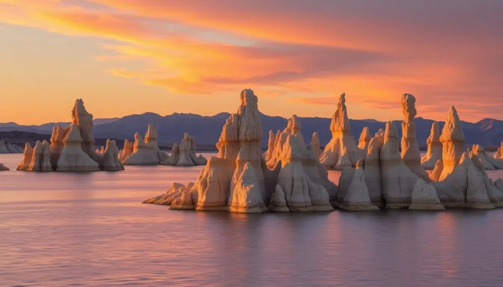 Mono Lake tufa towers at sunset with golden light illuminating the limestone formations Mono Lake tufa towers at sunset with golden light illuminating the limestone formations