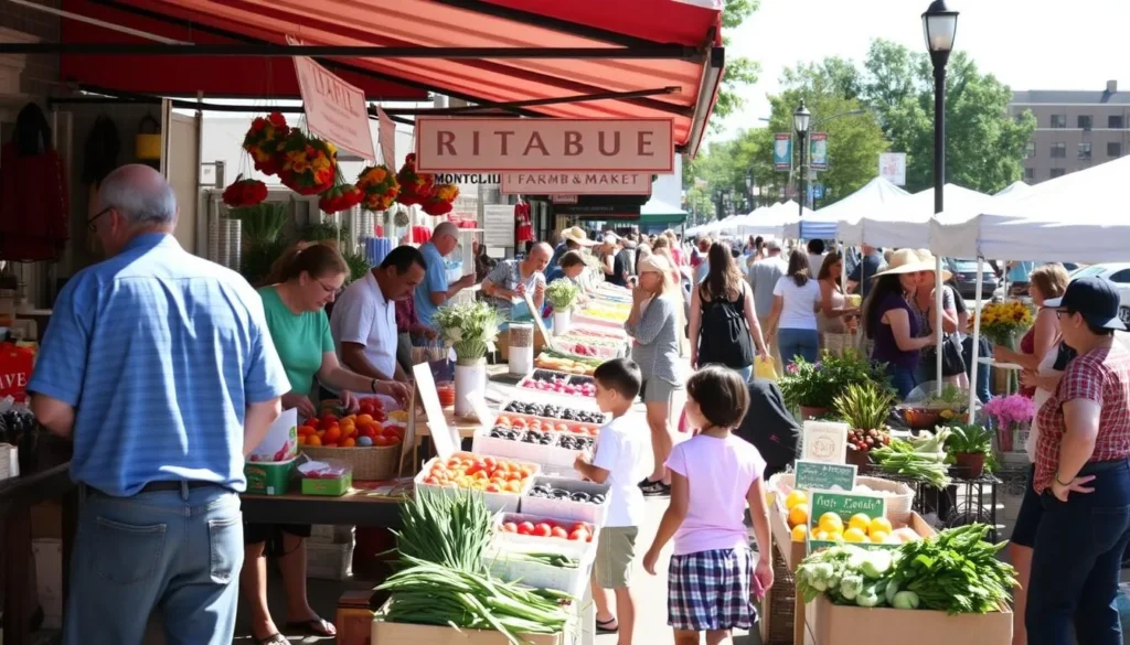 Montclair Farmers' Market on Walnut Street with vendors selling fresh produce and specialty foods Montclair Farmers' Market on Walnut Street with vendors selling fresh produce and specialty foods