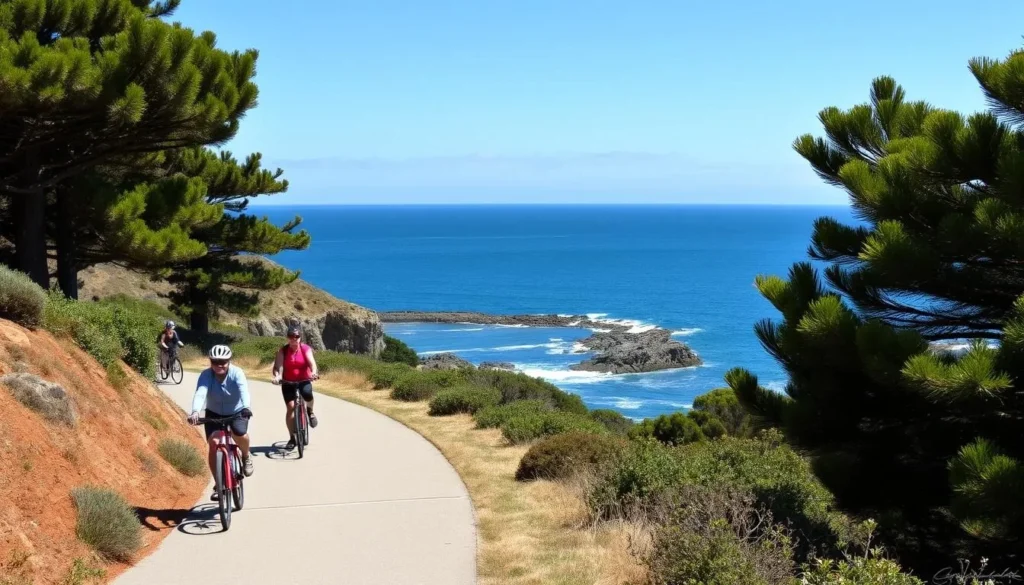 Monterey Bay Coastal Recreation Trail with cyclists and pedestrians enjoying ocean views