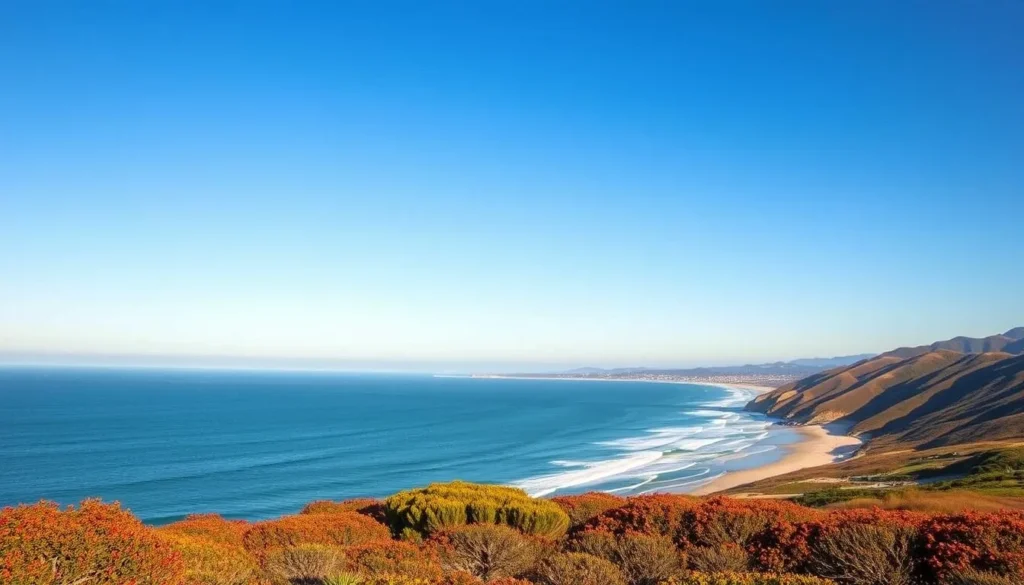 Monterey County coastline in fall with clear blue skies and colorful vegetation