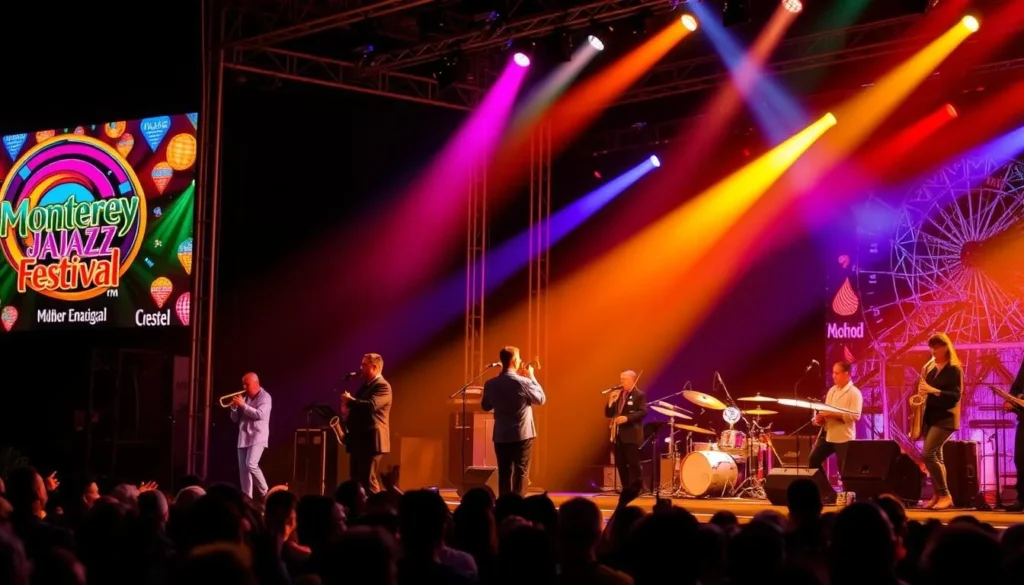 Monterey Jazz Festival performance with musicians on stage and enthusiastic audience