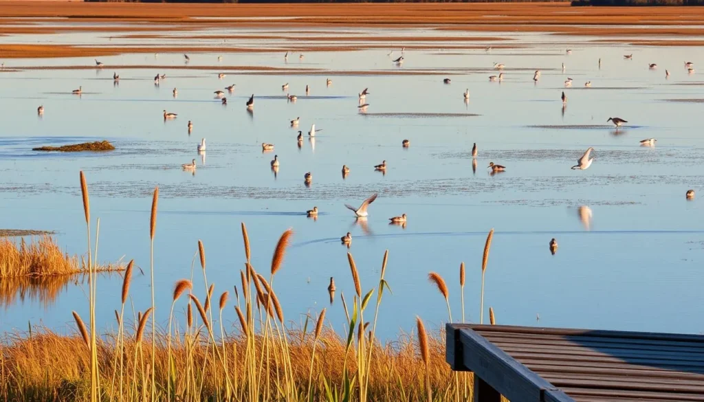 Montezuma National Wildlife Refuge wetlands with birds in Seneca County, New York Montezuma National Wildlife Refuge wetlands with birds in Seneca County, New York