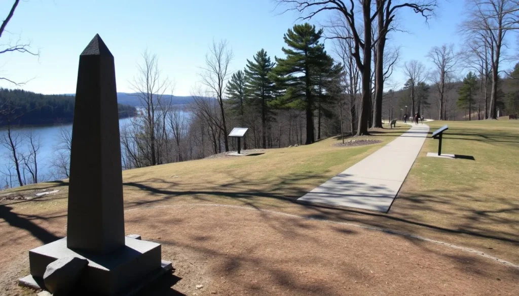 Monument at Lake George Battlefield Park in Warren County, NY with Lake George visible in the background Monument at Lake George Battlefield Park in Warren County, NY with Lake George visible in the background