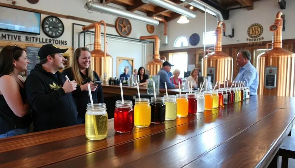 Moonshine tasting at a Pigeon Forge distillery with mason jars of different flavors Moonshine tasting at a Pigeon Forge distillery with mason jars of different flavors