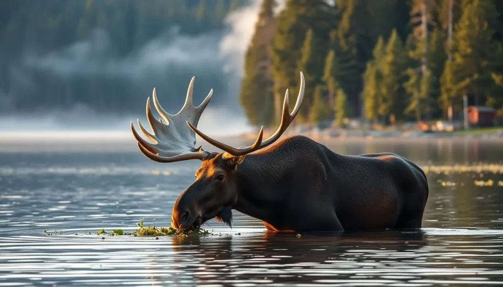 Moose grazing near the shoreline of Gunflint Lake, Minnesota Moose grazing near the shoreline of Gunflint Lake, Minnesota
