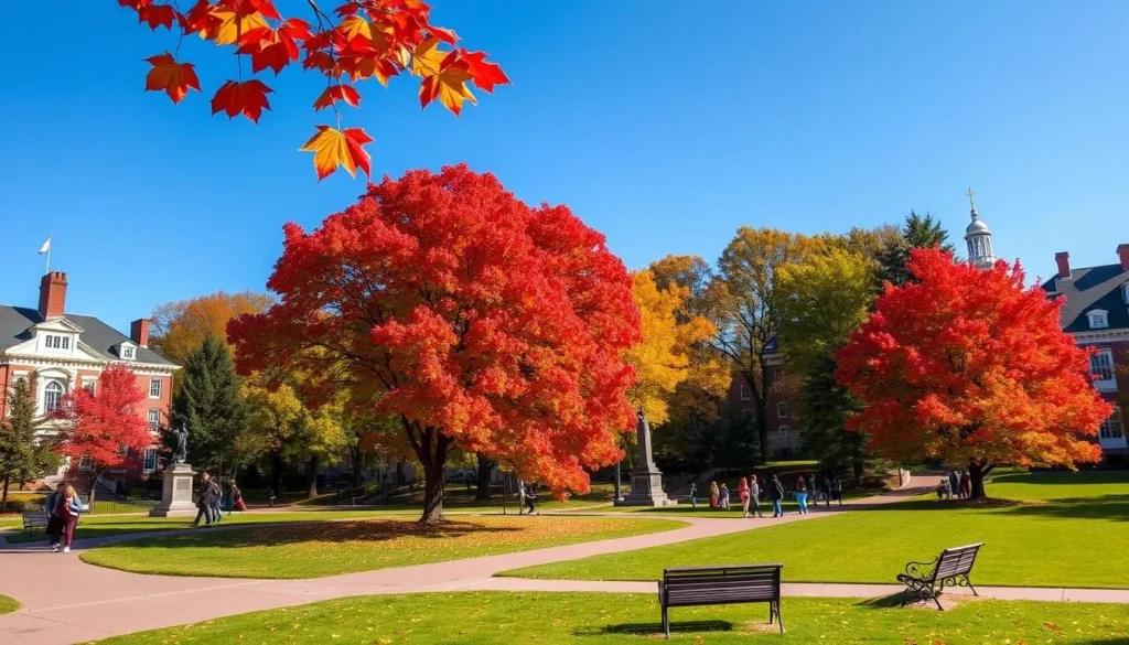 Morristown Green in autumn with colorful fall foliage, historic buildings, and visitors enjoying the park Morristown Green in autumn with colorful fall foliage, historic buildings, and visitors enjoying the park