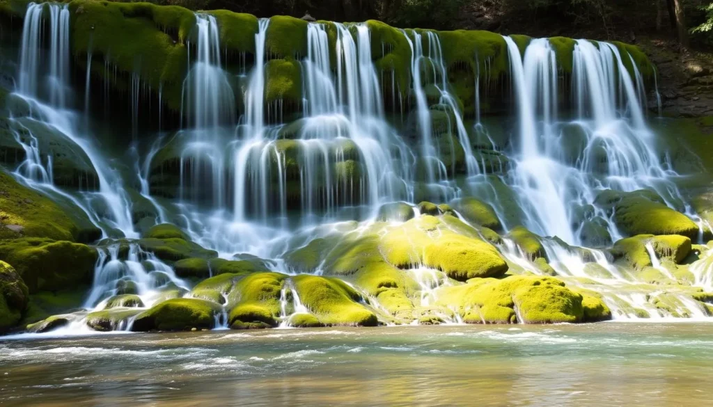 Mossbrae Falls with water cascading over moss-covered rocks into the Sacramento River, a hidden gem in Siskiyou County California Mossbrae Falls with water cascading over moss-covered rocks into the Sacramento River, a hidden gem in Siskiyou County California