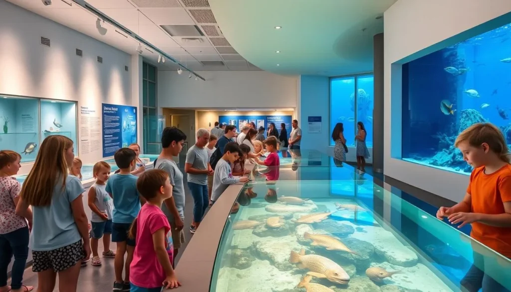 Mote Marine Laboratory & Aquarium with families viewing marine exhibits and touch tanks