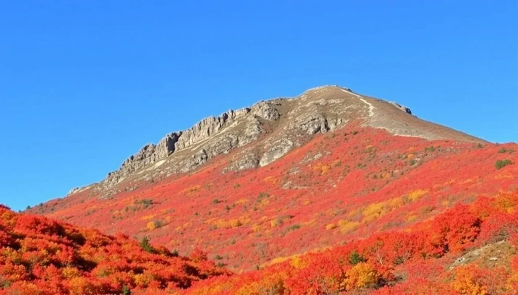 Mount Monadnock in autumn with vibrant fall foliage covering the lower slopes beneath the rocky summit Mount Monadnock in autumn with vibrant fall foliage covering the lower slopes beneath the rocky summit