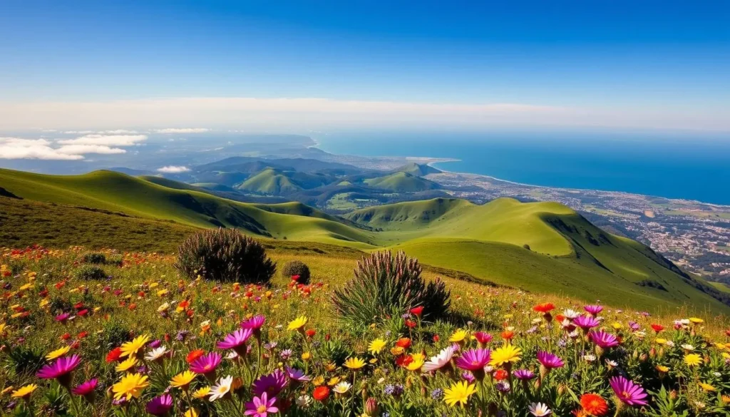 Mount Tamalpais State Park in spring with wildflowers blooming and panoramic views of Marin County Mount Tamalpais State Park in spring with wildflowers blooming and panoramic views of Marin County