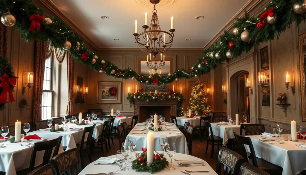 Mount Vernon Inn Restaurant decorated for Christmas with colonial holiday decorations