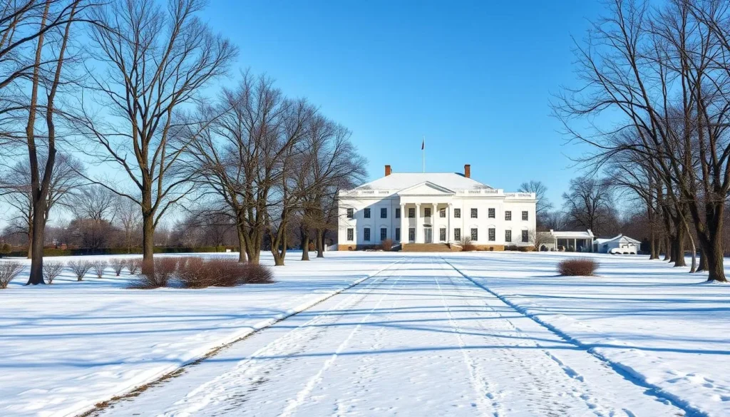 Mount Vernon estate covered in light snow during winter, showing a peaceful, less crowded experience