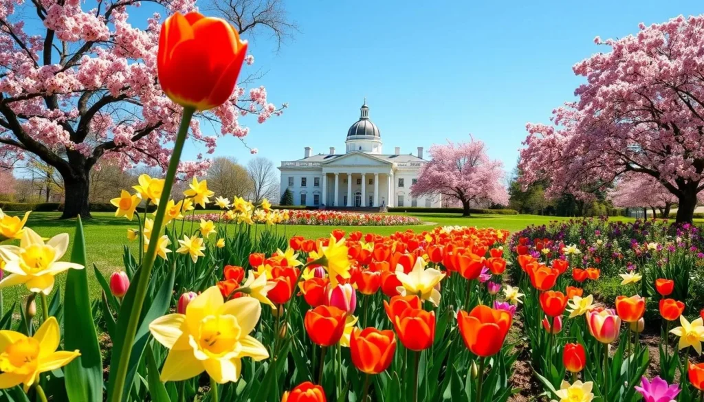 Mount Vernon gardens in full spring bloom with tulips and cherry blossoms