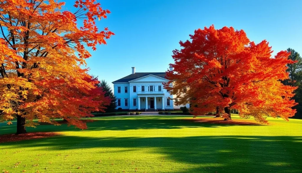 Mount Vernon mansion surrounded by vibrant fall foliage along the Potomac River