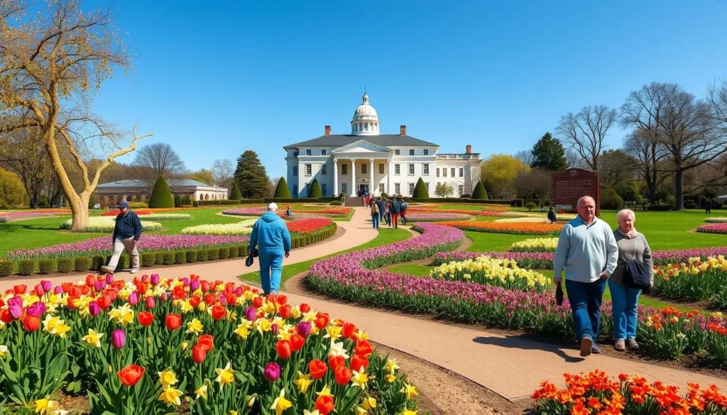 Mount Vernon's gardens in full bloom during late spring with visitors enjoying the colorful displays