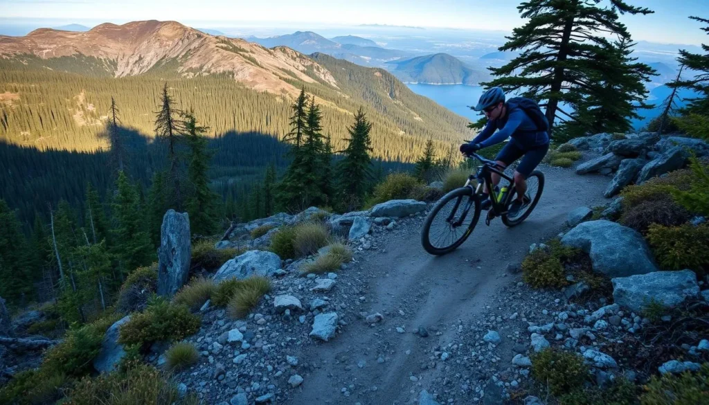 Mountain biker descending a rugged trail on the North Shore