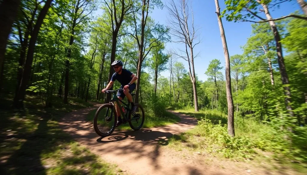Mountain biker on Coldwater Mountain Bike Trail with scenic forest backdrop Mountain biker on Coldwater Mountain Bike Trail with scenic forest backdrop