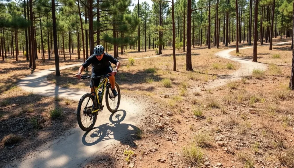 Mountain biker on trails at Alafia River State Park with rolling hills and forest Mountain biker on trails at Alafia River State Park with rolling hills and forest