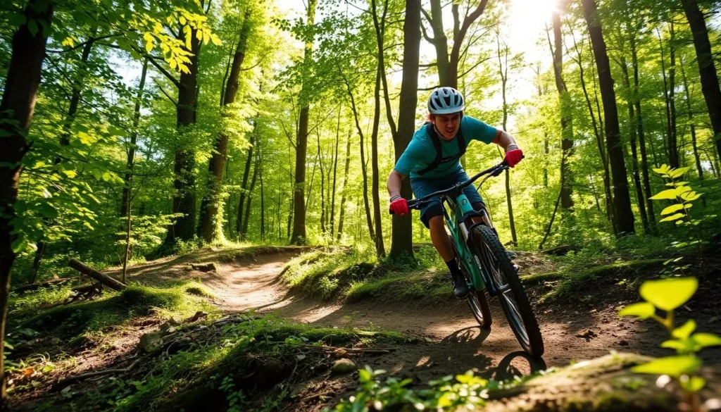 Mountain biking on Carrabassett Valley trails with lush summer forest scenery Mountain biking on Carrabassett Valley trails with lush summer forest scenery