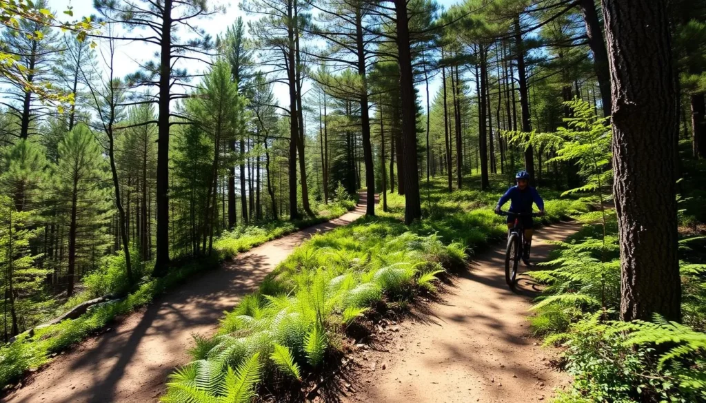 Mountain biking trail in Herkimer County winding through forest with riders enjoying the path Mountain biking trail in Herkimer County winding through forest with riders enjoying the path