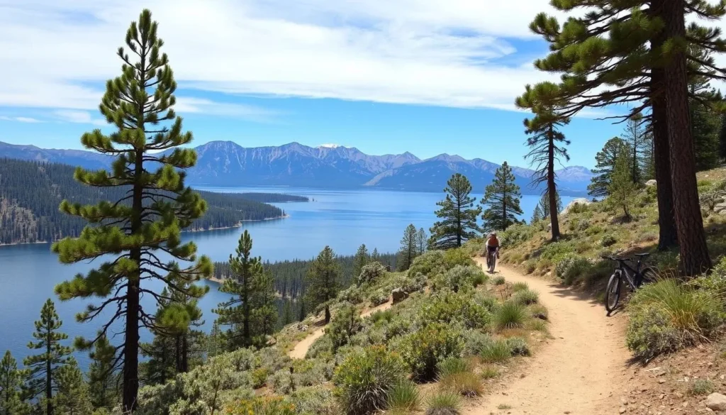 Mountain biking trails around Lake Tahoe with Sierra Nevada mountains in the background